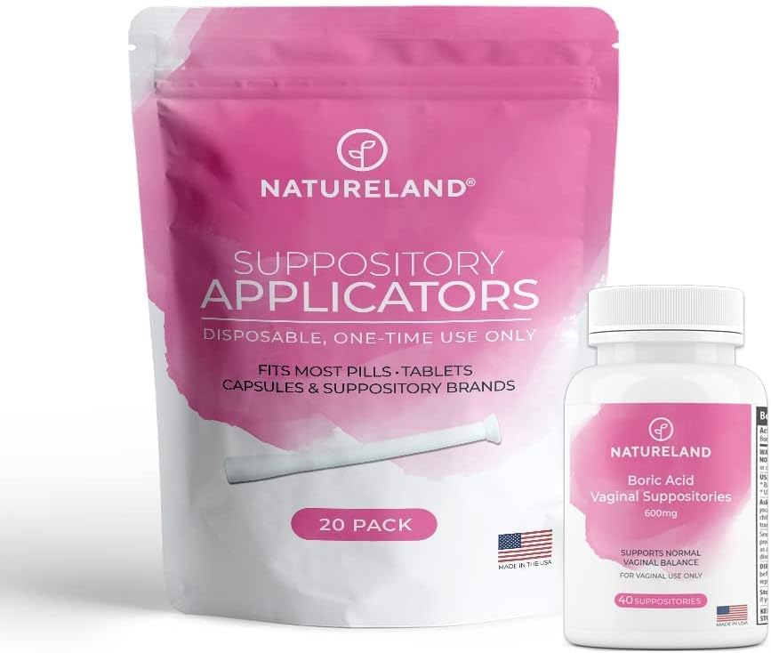 Natureland [40 Suppositoires d'acide borique Count 600mg w/ [20 Pack] Applicateur vaginal - Soins féminins