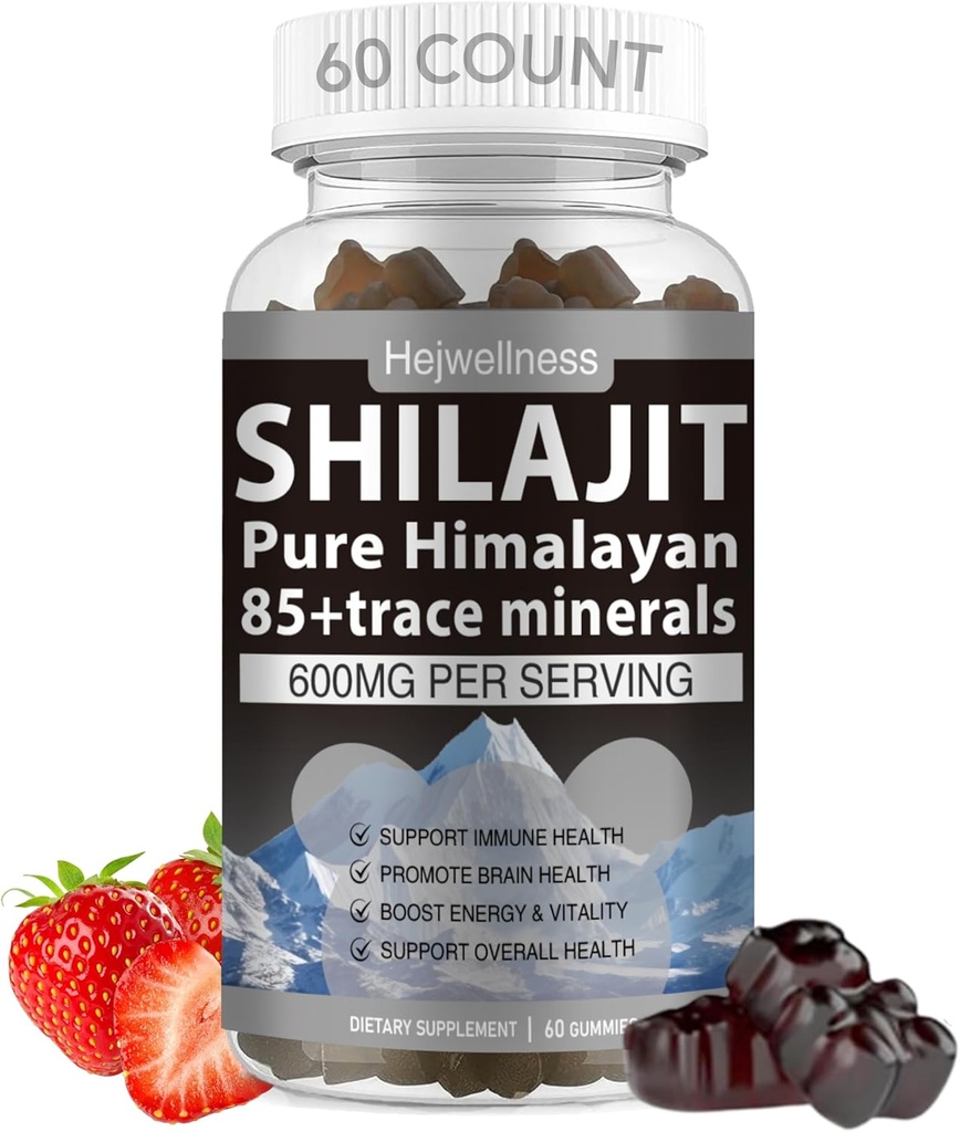 Shilajit-Gummien - 600 mg natürliches organisches Shilajit-Harz mit 85+ Trace-Mineralien, Fulvic Acid & Phytonutrients - Erdbeer-Flavour - für Energie, Immununterstützung - 60 Gummie, 1 Monat Versorgung