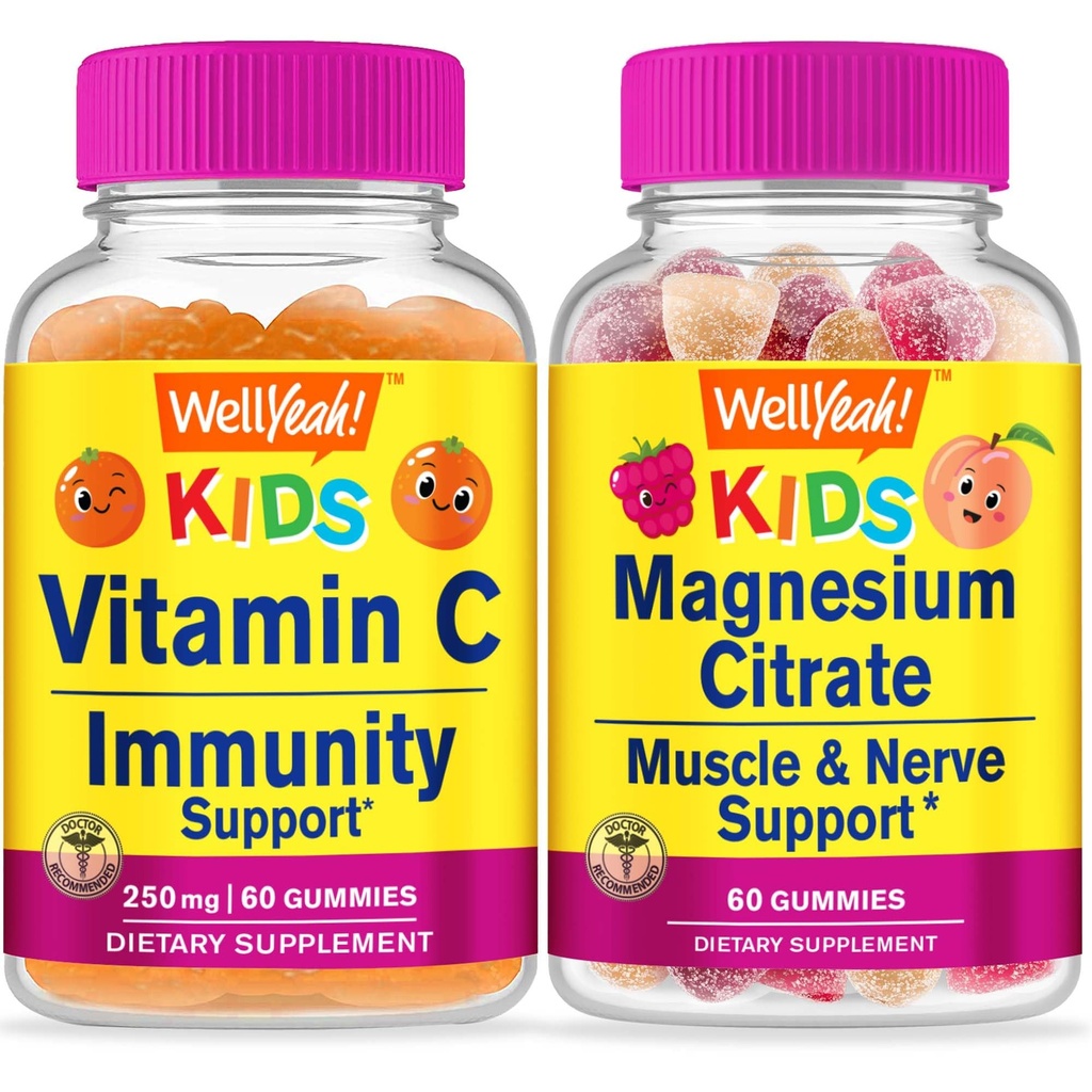 WellJa Vitamin C Kinder + Magnesium Citrate Kinder, Gummie Bundle - Große Verkostung, Vitamin-Ergänzung, Glutenfrei, GMO frei, Kaugummi