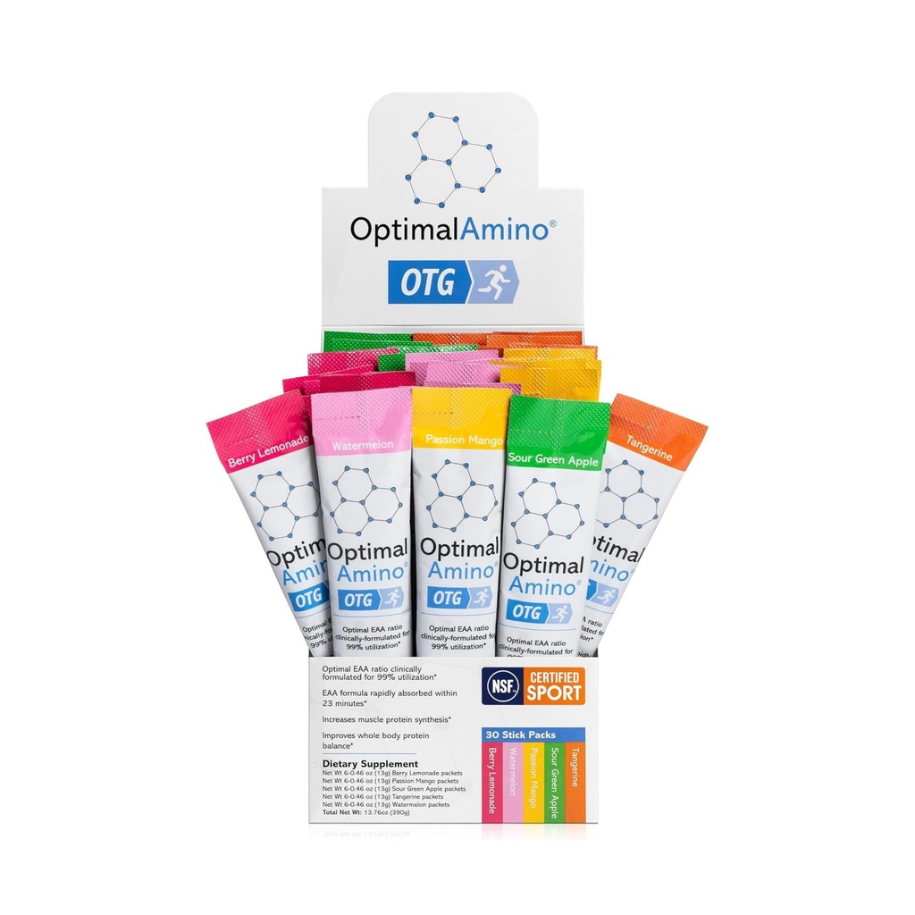 OptimalAmino OTG Stick Packs, 5 Flavor Variety Box (30 Zähler), 99% Utilized Essential Amino Acid (EAA) Supplement, Erhöhen Muskelrückgewinnung, Vegan/Keto Pre/Post Workout, NSF zertifiziert für Sport
