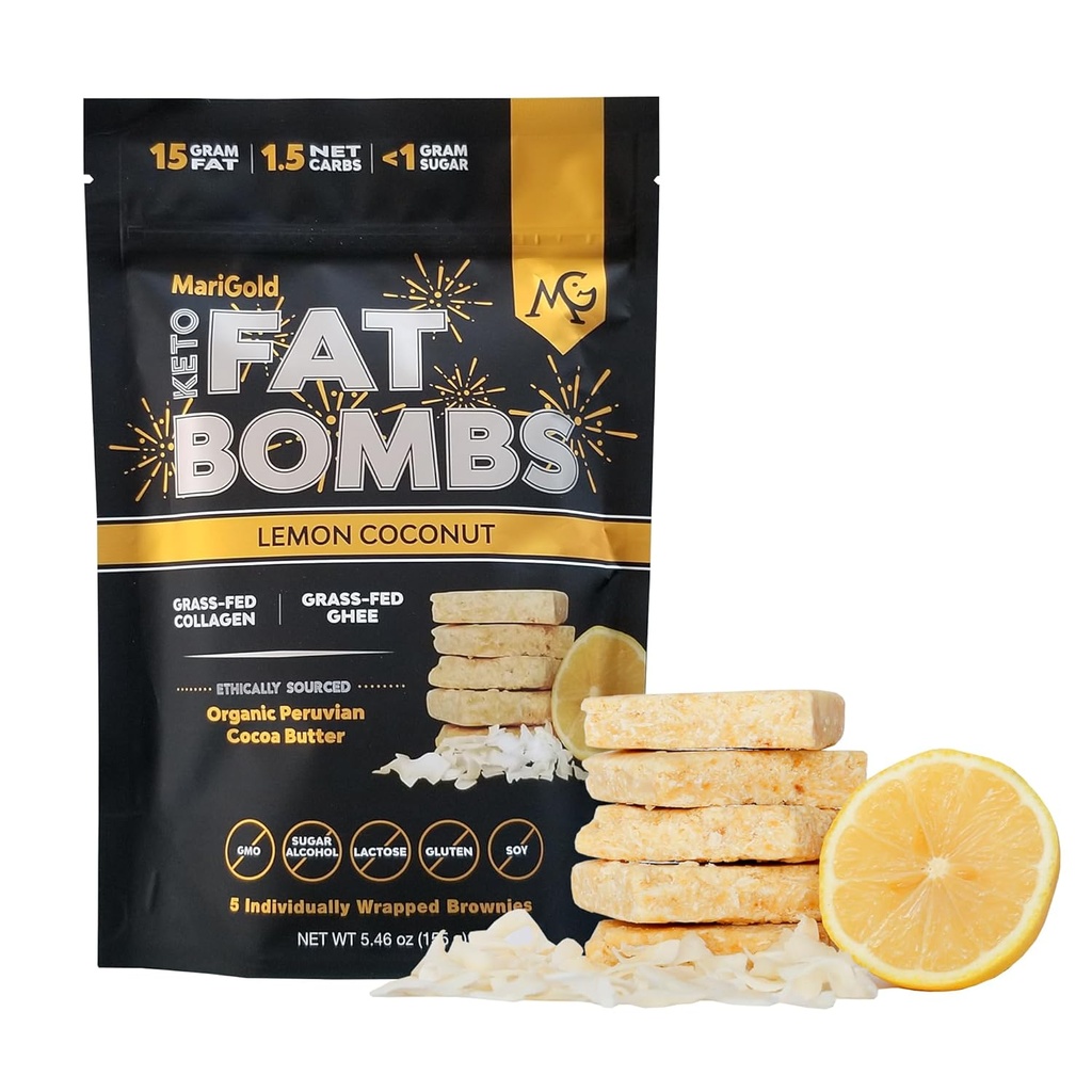 MariGold Keto Fat Bombs - Cocco di limone - Carb basso, Ricco di collagene, Gamba a base di erba, Burro di cacao biologico, Senza glutine, Non OGM (1 borsa, 5 Serve)