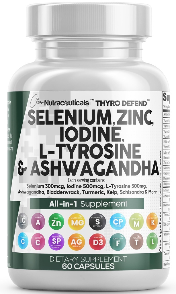 Sauberes Nutra Selen 300mcg Jod 500mcg Schilddrüsenunterstützung für Frauen und Männer | L Tyrosin 500mg Ashwagandha Supplement Bladderwrack, Kurkuma, Kelp, Schisandra Zinkpillen Kapsel ergänzt