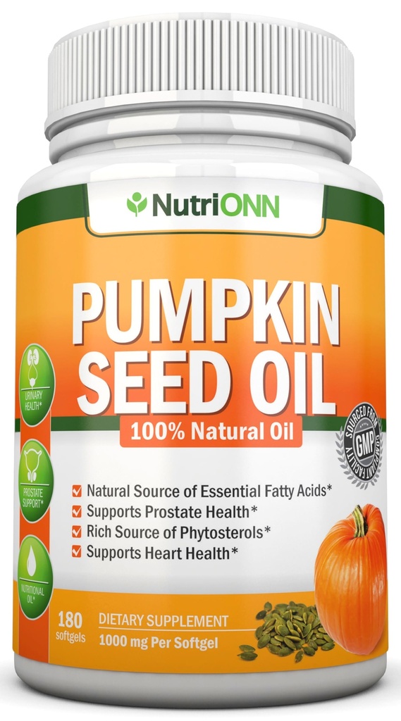 Kürbis Seed Oil - 1000MG - 180 Softgels - Kaltgepresstes Naturkürbis Seed Oil - Natürliche Quelle von essentiellen Fettsäuren - Toll für Haarwachstum, Prostata Gesundheit und GI Tract