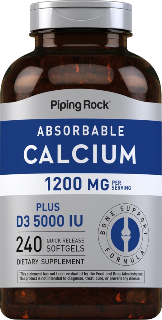 Piping Rock Calcium 1200 mg mit Vitamin D3 | 240 Softgele | 5000 IU Vitamin D3 | Absorbierbares Calcium Supplement| Non-GMO, Glutenfrei