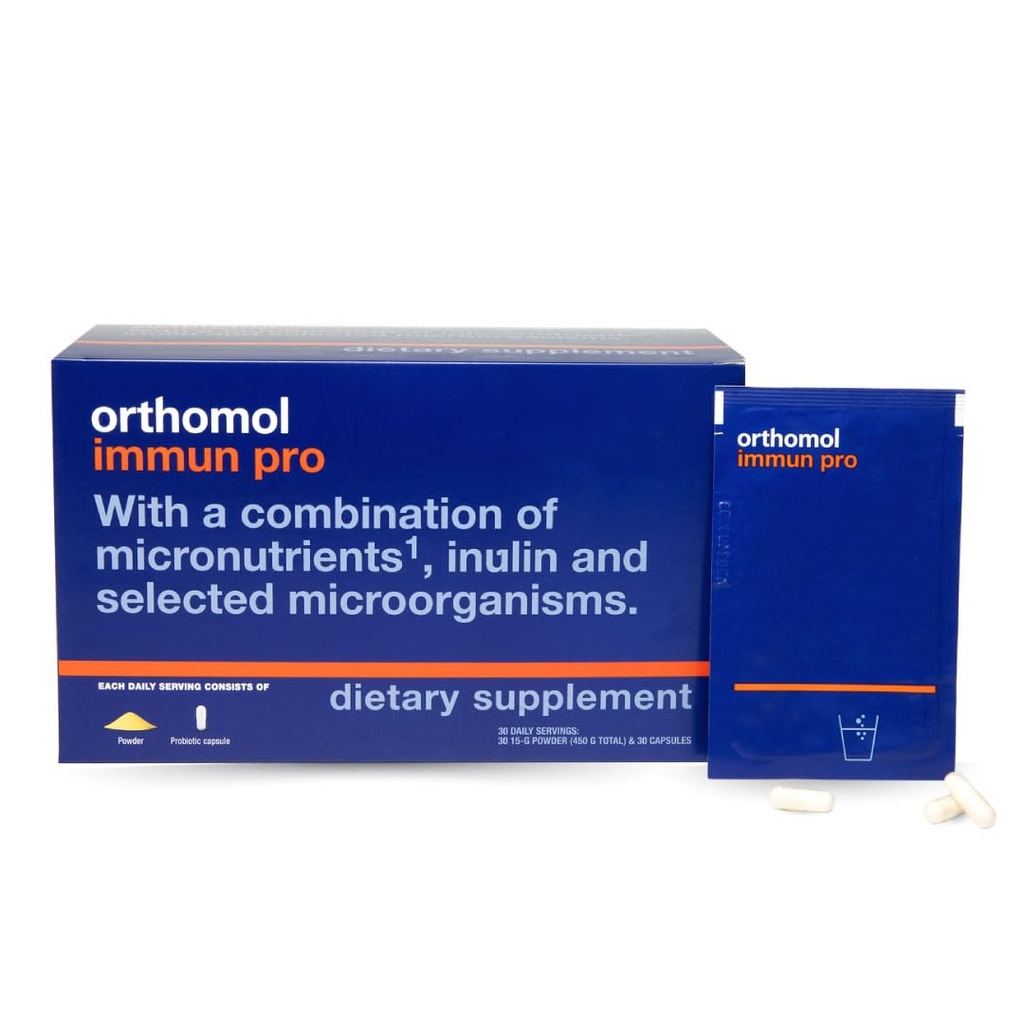Ortomolo Immun Pro, Supporto Immune, Probiotic Gut Health Supplement, Inulina Prebiotic Fiber, Alimentazione 30-Day, Vitamina A, B, C, D, E, Zinco, Iodio, Probiotici per Donne e Uomini, Polvere quotidiana & Capsule