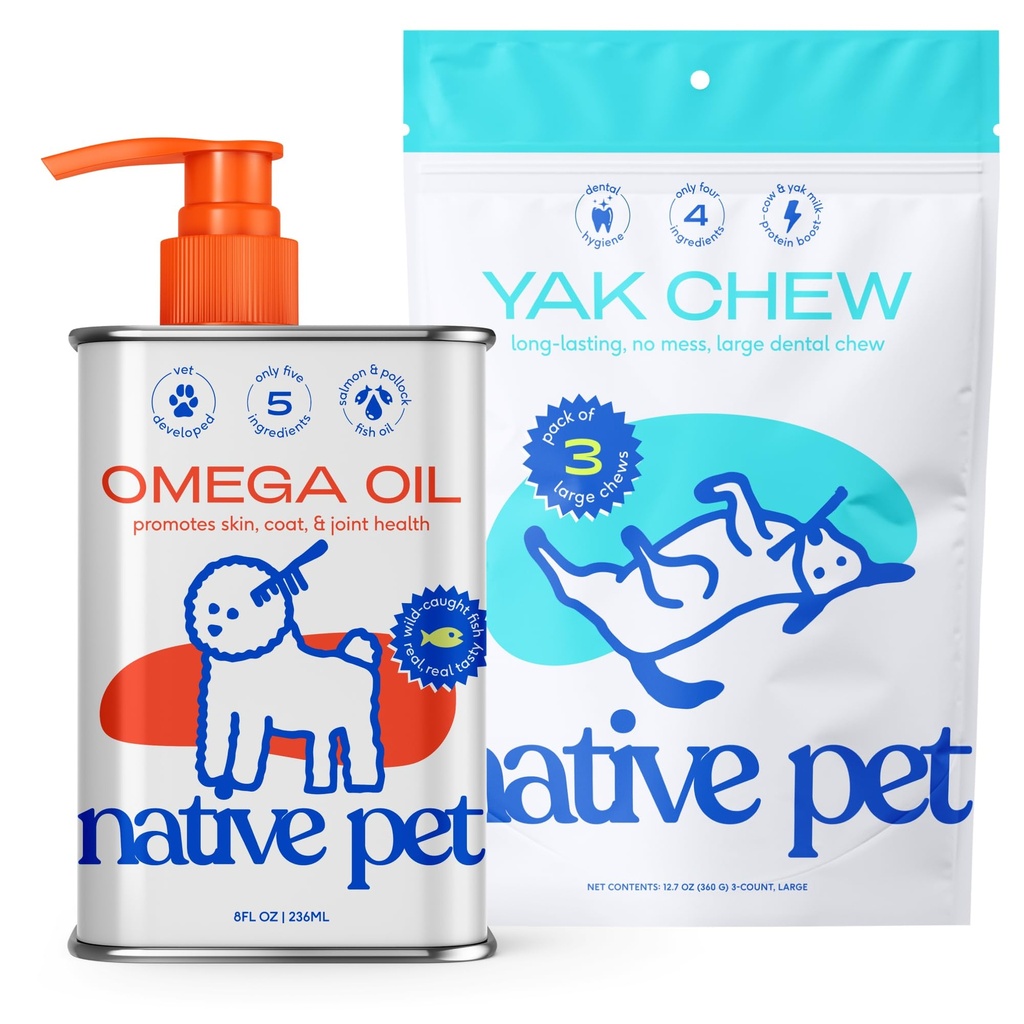 Native Pet Omega Öl für Hunde - Hunde Fisch Öl Ergänzungen & Yak Chews für Hunde | Weide-Raised and Organic Yak Cheese Himalayan Churpi Chews | 8 Oz. & 3 große Yak Chews