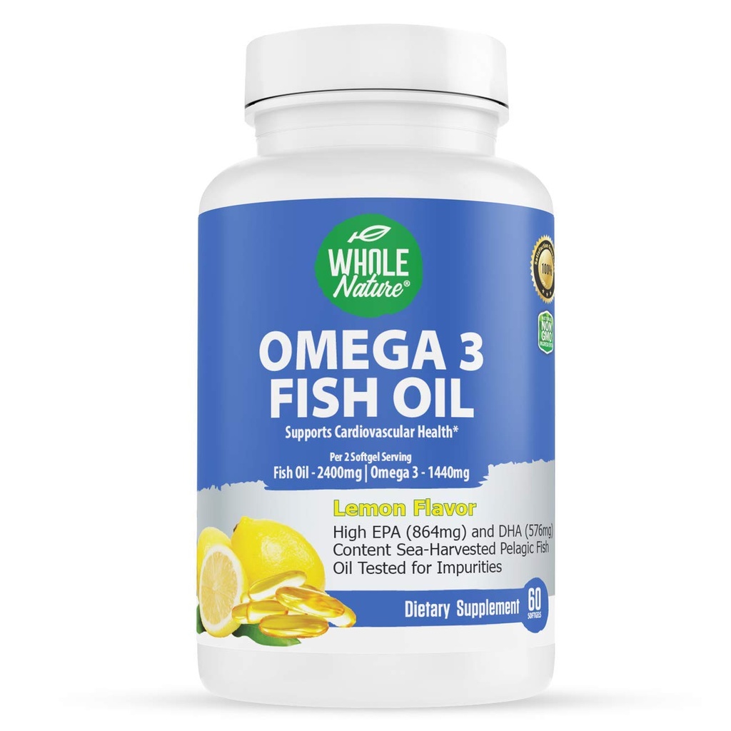 Omega 3 Fischöl-Ergänzungen, Maximale Stärke 2400 mg Omega-3, 1440mg Fischöl, EPA DHA Fettsäuren, Herzgesundheit, Vision, Auge, Gehirn, Immununterstützung für Frauen und Männer. Natürliche Zitronenflamme, 60 ct (1)