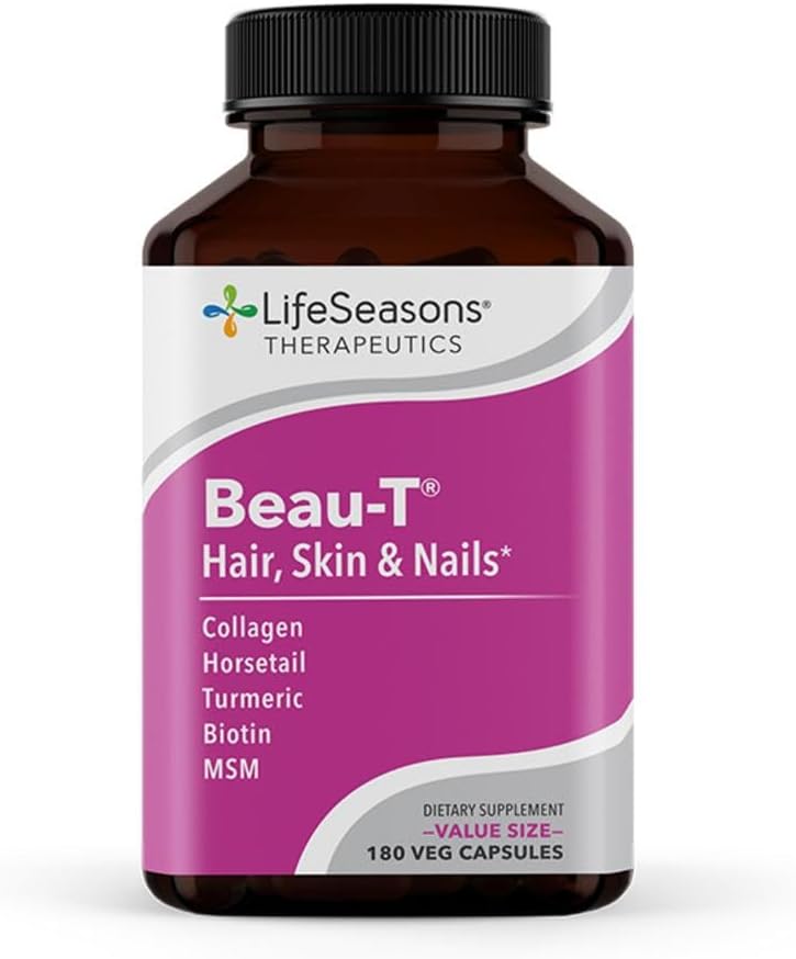 LifeSeasons Beau-T - Hair, Nail, & Skin Supplement - Promuove la crescita sana dei capelli e delle unghie - Supporta la pelle chiara e combatte l'acne - Contiene Biotin Collagen Turmeric - 180 Capsule