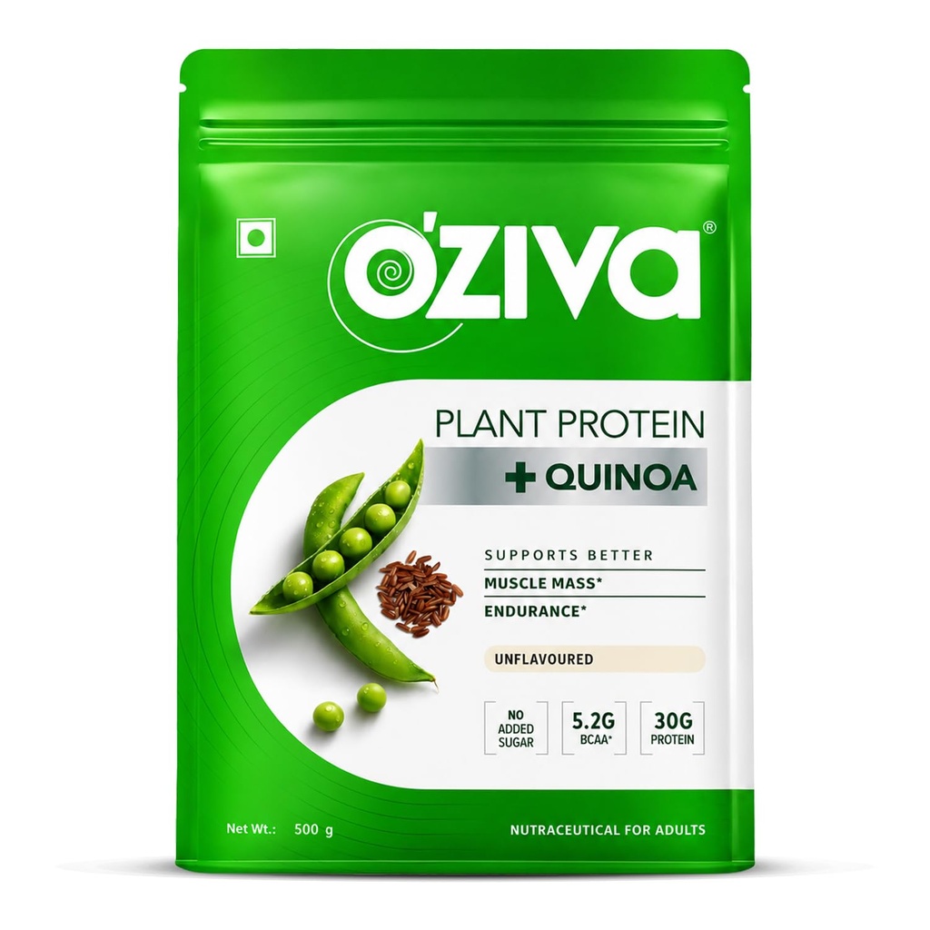 OZiva Bio Pflanzenprotein Pulver | 500 Gm | (30g Vegan Protein - Pea Protein a, Brown Rice Protein & Quinoa, Soy Free) für jeden Tag Fitness, Boosts Immunity, Unflavored (1.1 lb)
