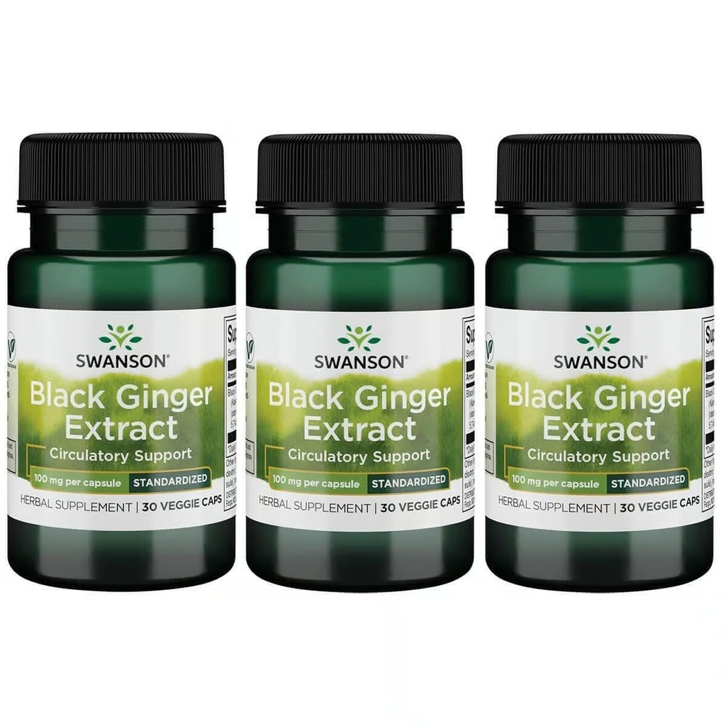 Swanson Black Ginger Extract - Fördert gesunde Blutzirkulation und körperliche Kraft - Kann helfen Herzgesundheit, Muskelgewebe und Mental Wohlbefinden - (30 Veggie Kapseln, 100mg Jeder) (3 Pack)