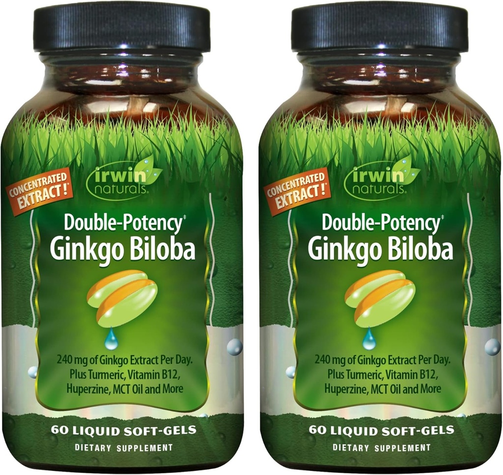 Irwin Naturals Double-Potency Ginkgo Biloba – 60 Liquid Soft-Gels – Gehirn, Fokus & Zirkulationsunterstützung - 2 Pack