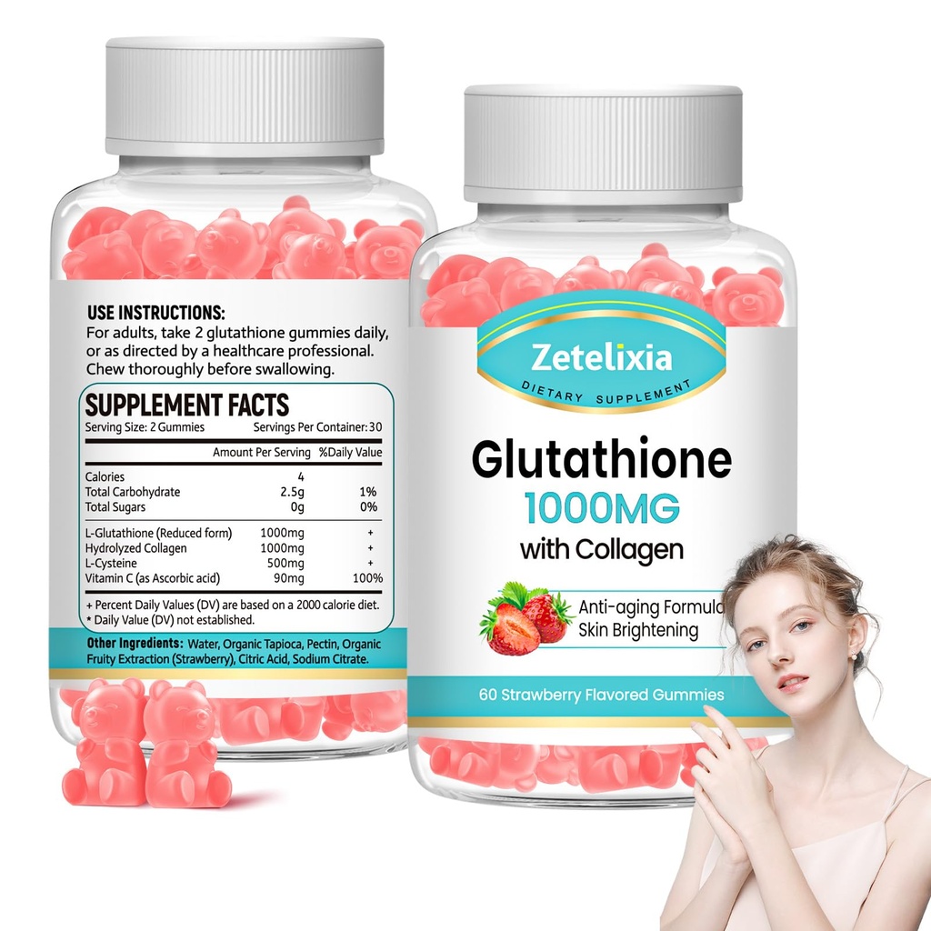 2 Pack Glutathione Kollagengummis, Kollagengummis mit Vitamin C, Glutathion Ergänzung für Frauen, Haarhautnägel Muskel & Gelenk, Anti-Aging, Vegan, Zuckerfrei, Erdbeeren Geschmack, 120 Zähler