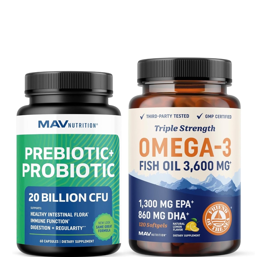 Omega 3 Fish Oil and Probiotic Capsules | Triple Strength EPA & DHA with Probiotic Gut Health & Immune Support Supplement | Comprehensive Wellness Bundle