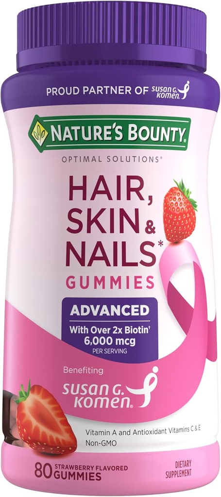 Soluzioni ottimali della natura Capelli avanzati, Pelle, Unghie, 2X Biotin, 80 Gummie di fragole, 40 Total Servings