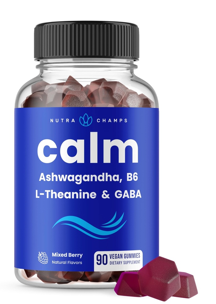 NutraChamps Calm Gummis, Stress Gummis Ergänzung mit Ashwagandha, L-Theanin, GABA, Vitamin B6 & Zitronen Balm, unterstützt Mood, Fokus & Stress Relief, Natürliche Berry, 90 Gummie