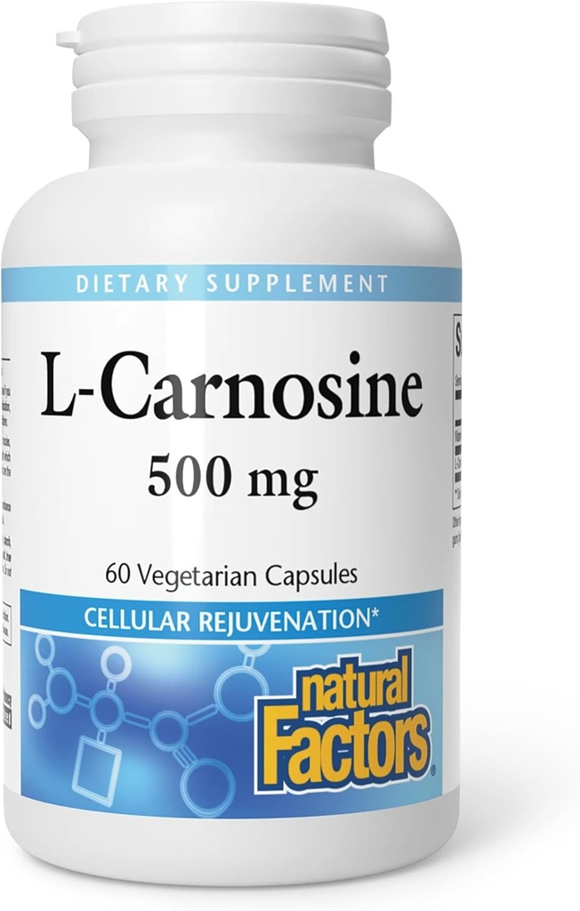 Fattori naturali, L-Carnosina 500 mg, Supporta l'invecchiamento sano, la funzione del muscolo e del cervello, supplemento dietetico, 60 capsule (60 porzioni)