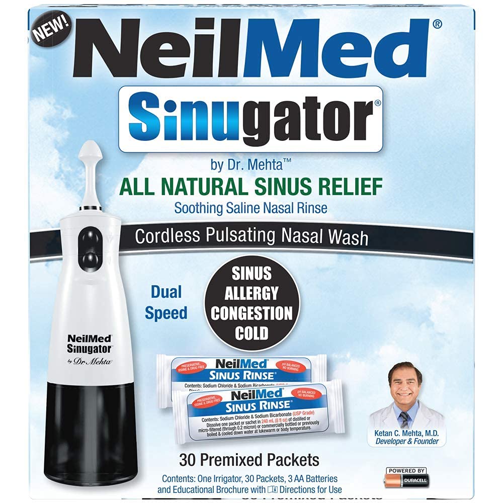 NeilMed Sinugator Pulsante senza cordone Irrigatore nasale (velocità normale) con 30 pacchetti Premixed e 3 batterie AA - Nero (Pack of 1)