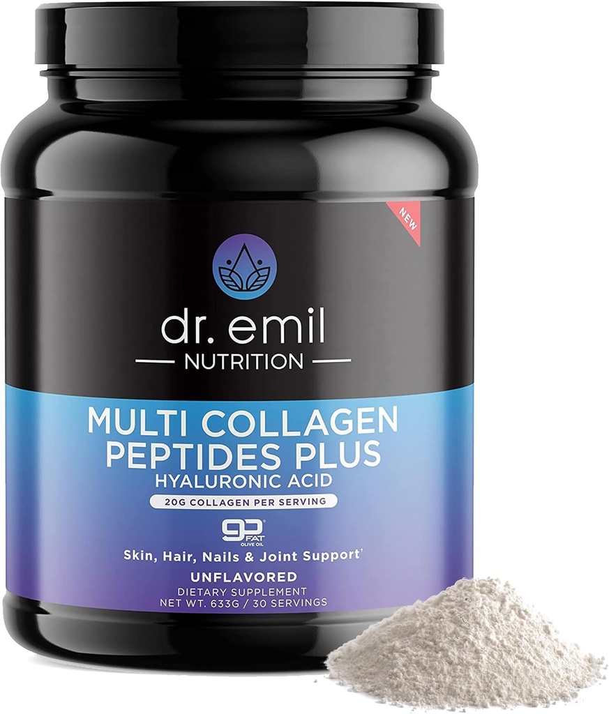 DR. EMIL NUTRIITION Poudre de Peptides Multi Collagène - 20g de poudre de protéines de collagène hydrolysée non aromatisée avec acide hyaluronique pour cheveux, peau, ongles et articulations - 30 portions