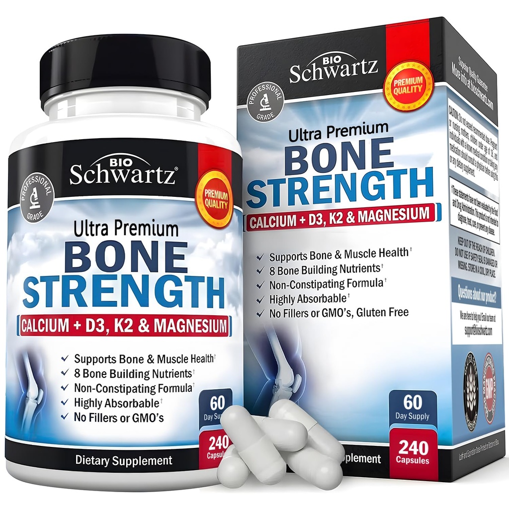 BioSchwartz Bone Strength Supplement - Gentle Non-Constipating Bone Health Supplement für Damen und Herren mit 9-in-1 Complex mit Calcium Magnesium Zink D3 K2 &amp; Mehr - 3. Partei getestet - 2 Monate