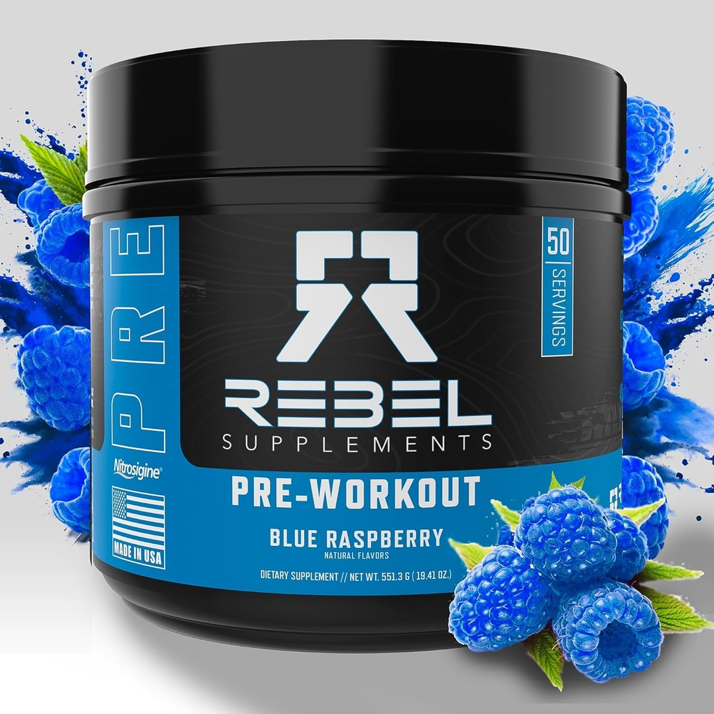 Rebel SupplementsTM Blue Razz Loaded Pre Workout | Extreme Pumps, Laser Focus, Insane Energy | 7000mg L-Citrulline, 4000mg Beta Alanine, 1500mg Nitrosigine®, 350mg Caffeine | 50 Servietten