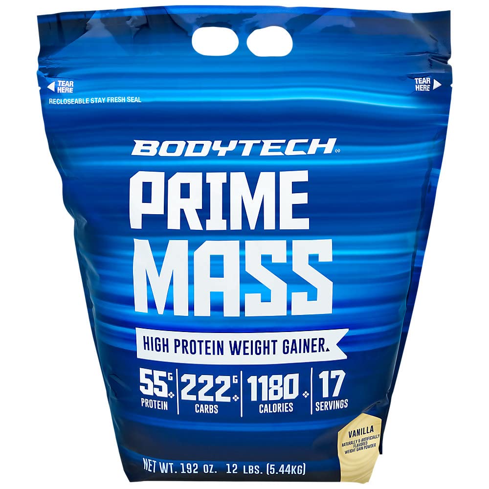 BodyTech Prime Mass - High-Calorie Mass Gainer - Supports Muscle Growth & Weight Gain - Vanilla (12 lb, 17 Servings)