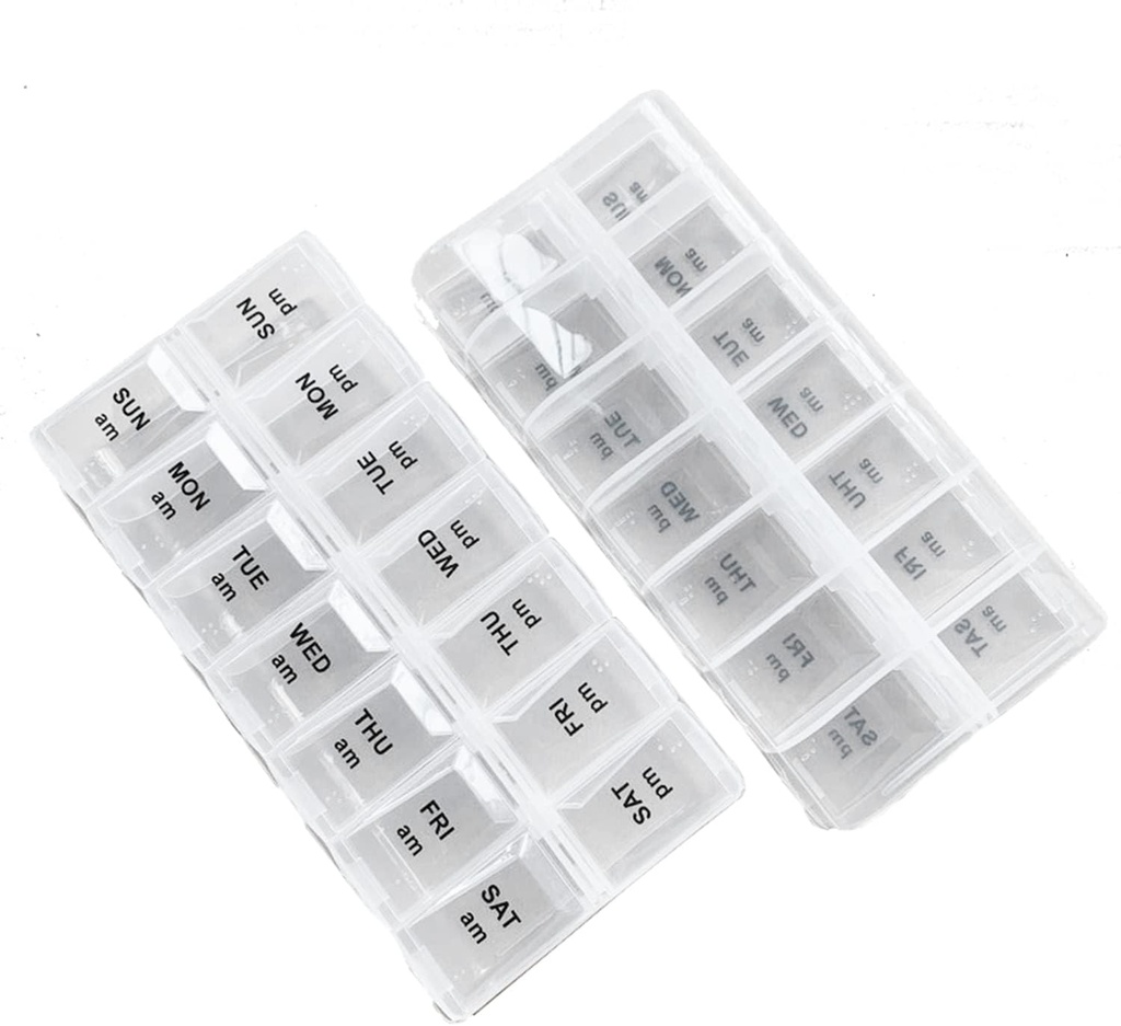 2 Pack OPP Clear Daily Pill Box Organizer, Weekly Pill Organizer 2 fois par jour pour les pilules, suppléments et médicaments, Am Pm Pill Organizer 7 Day, Pill Box 7 Day - 6,7 x 3,2 x 1 pouce