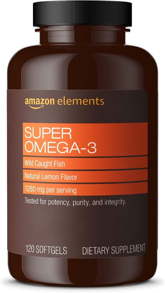 Elementi Super Omega-3, EPA & DHA Omega-3 acidi grassi (1280 mg per Serving, 2 Softgels), Natural Lemon Flavor, 120 conte (Packaging può variare)