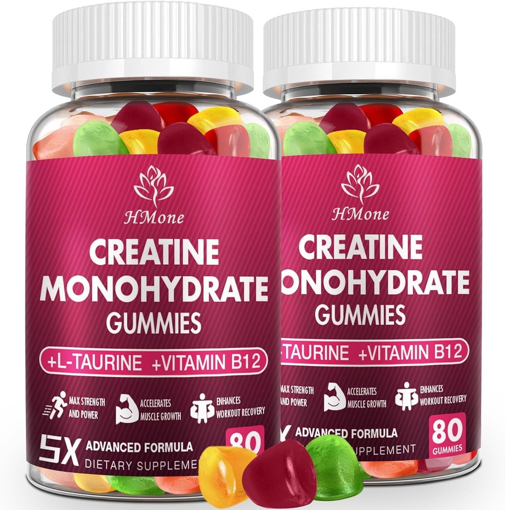 Gommies monohydratées de créatine - 5g pour les hommes et les femmes, 160 Comte et suppléments croustillants de créatine pour le gain musculaire, la force musculaire, le renforcement énergétique et le constructeur musculaire, sans sucre, végétalien