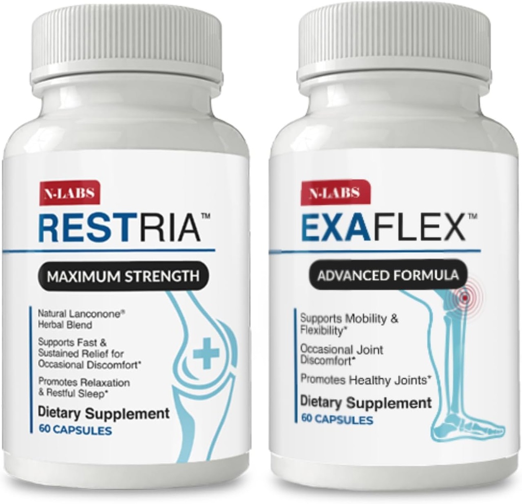 N-Labs Joint Support & Sleep Aid Combo – ExaFlex mit Boswellia Extract und Bromelain für Joint Support + Restria mit Lanconone Kräutermischung und Schlafformel für Nacht-Entspannung