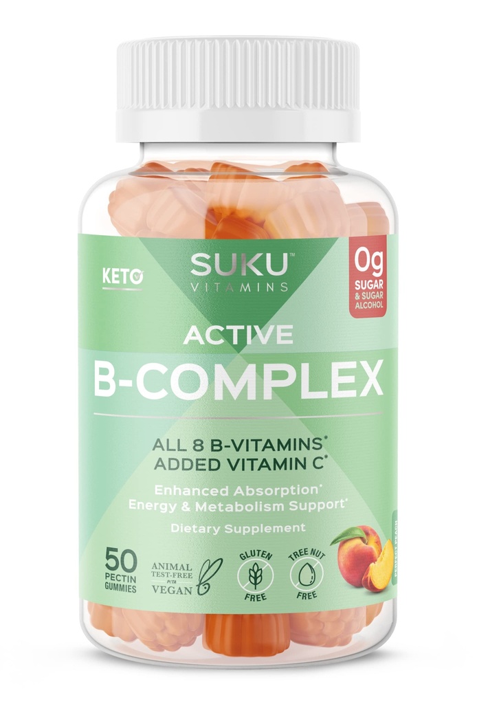SUKU Vitamin B Complex Gummis mit Vitamin C – Sugar Free Vegan 8 B Vitamins Complex Gummy Supplement erhöht die Zellentwicklung, verbessert die Metabolismus & Collagen Formation, Peach Flavour (50 Gummi)