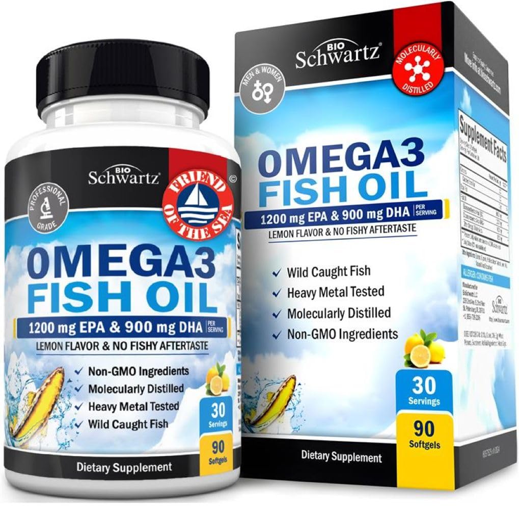 Dreifaches Omega-3-Fischöl 3000mg - Hochpotenz Omega-3-Ergänzung für Frauen und Männer, stoßfreies Zitronengeschmack Fischöl - 2250mg essentielle Fettsäuren mit DHA & EPA, Wild gefangen, 90 Softgels