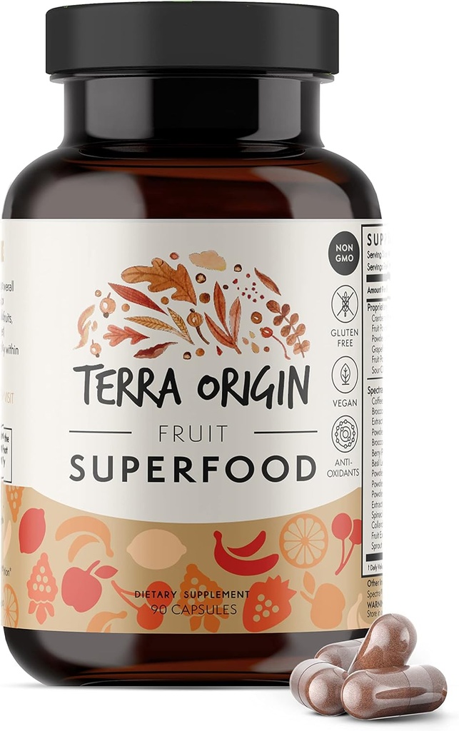 TERRA ORIGIN Integratori Superfood Frutta | 90 Capsule | Supporta Energia, Non OGM e Gluten Free | per Adulti e Donne