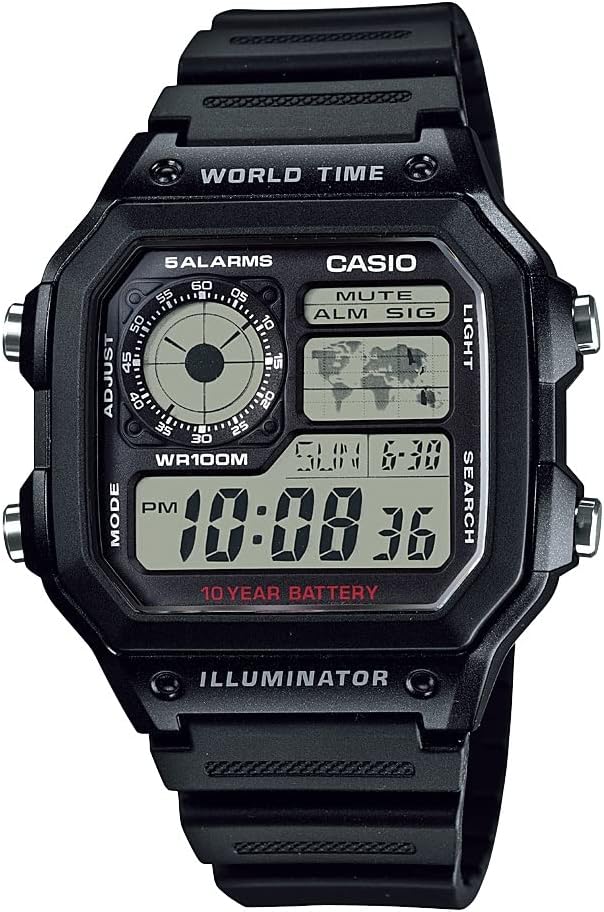 Casio AE1200WH Series | Orologio digitale maschile | 100M WR | Multi Alarms | 100 SEC Cronometro | Timer conto alla rovescia | Mappa mondiale per il tempo mondiale | LED Light | LC Analog Display | Batteria da 10 anni