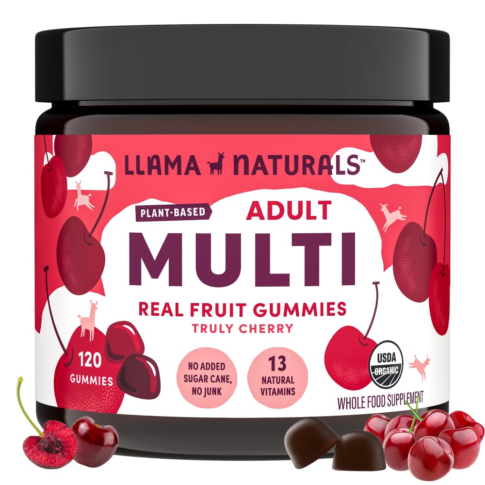 Lama Naturals Multivitamine pour les femmes et les hommes, Vegan, Gommies organiques avec vitamine D, C et K, Adultes Vitamines Gommy de fruits réels, Supplément de multivitamines à croquer, Pas d'ajout de canne à sucre, Cerise, 120 Ct
