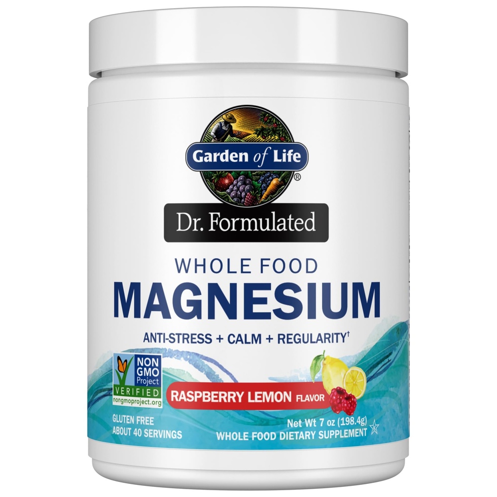 Giardino di vita intero Cibo Magnesio Polvere, Lampone Limone - Vegan, Gluten & Zucchero Supplemento gratuito con Probiotici per calma e regolarità