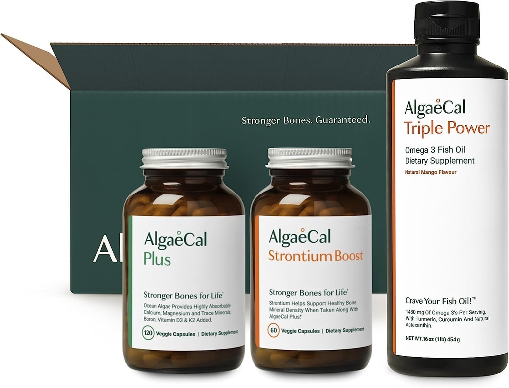 Kit de bienvenue ALGAECAL - Bone Builder Pack, supplément de calcium à base de plantes et strontium, 16 nutriments pour la santé des os + EPA & DHA Omega 3 Huile de poisson, soutien cerveau, coeur, peau et os, Fabriqué aux États-Unis