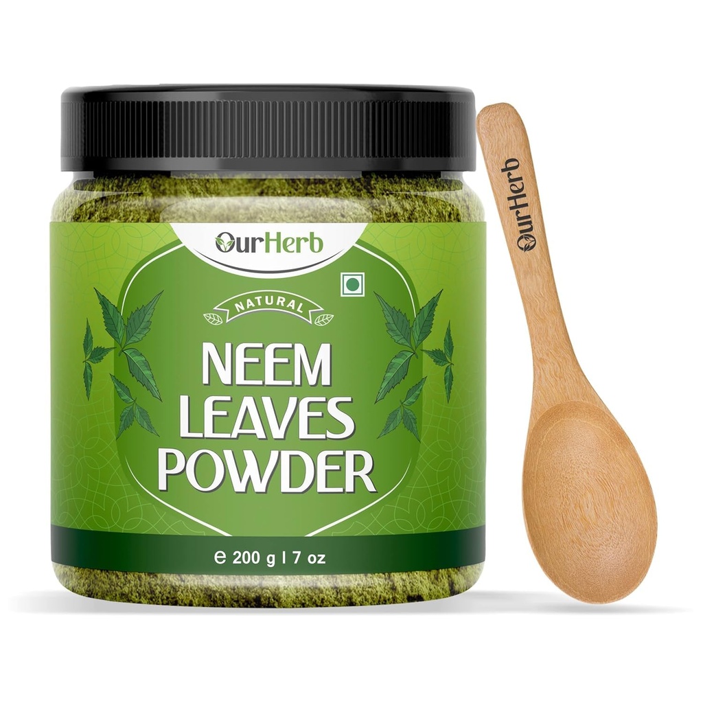 Pure Neem feuilles poudre solution naturelle pour la peau claire sans boutons et cheveux soyeux, idéal pour les packs visage, soins des cheveux, et le soutien de pigmentation avec cuillère en bois – 200g