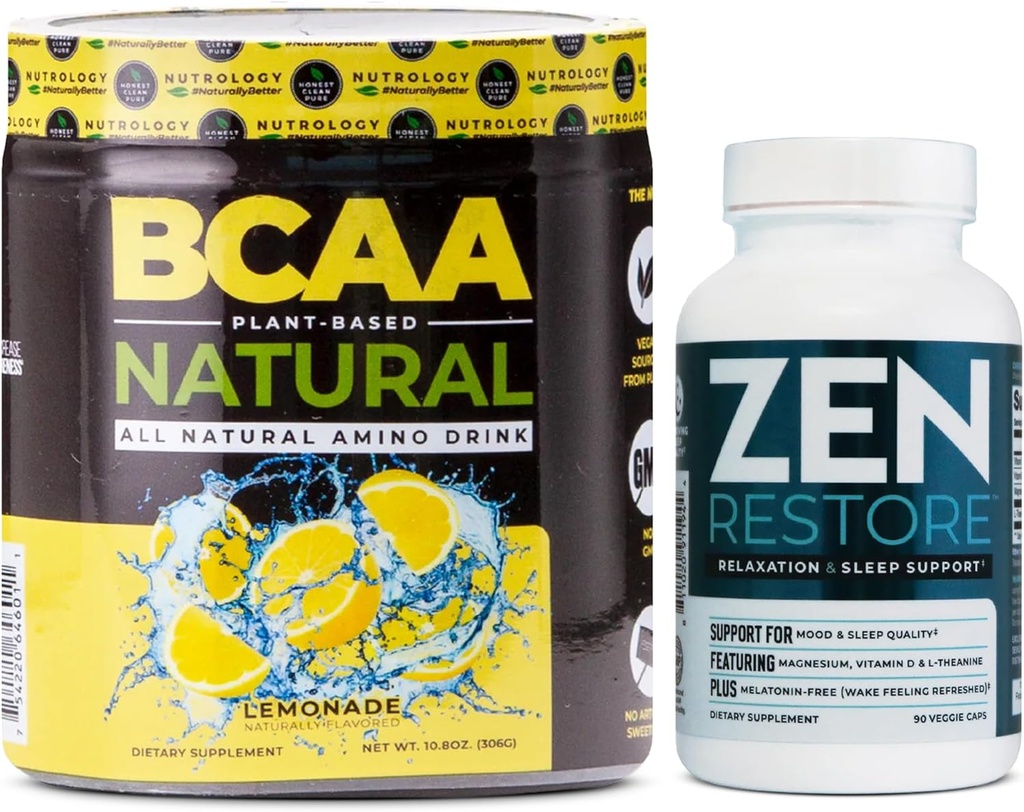 Nutrologia Zen Natural Magnesium Supplemento (30 Serve) & Nutrologia BCAA Naturale, Polvere a base di piante BCAA, Limonata Flavor (30 Serve)