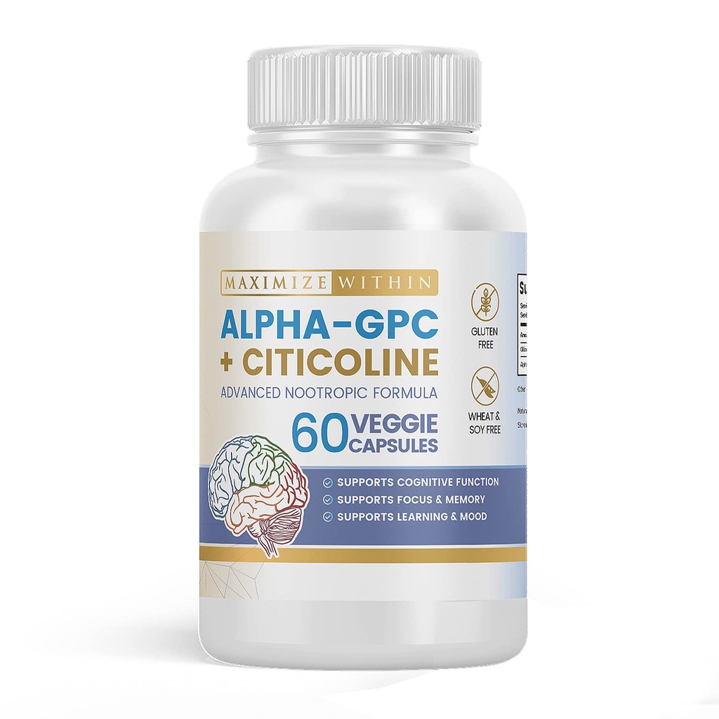 Alpha GPC + Citicoline 60 Ct, 1600mg Konzentrierte Formel- 99%+Highly Purified & Bioavailable Nootropic-Cognitive Enhancer, unterstützt Gedächtnis, Gehirnfunktion, Boosts Focus, Stimmung & Energie