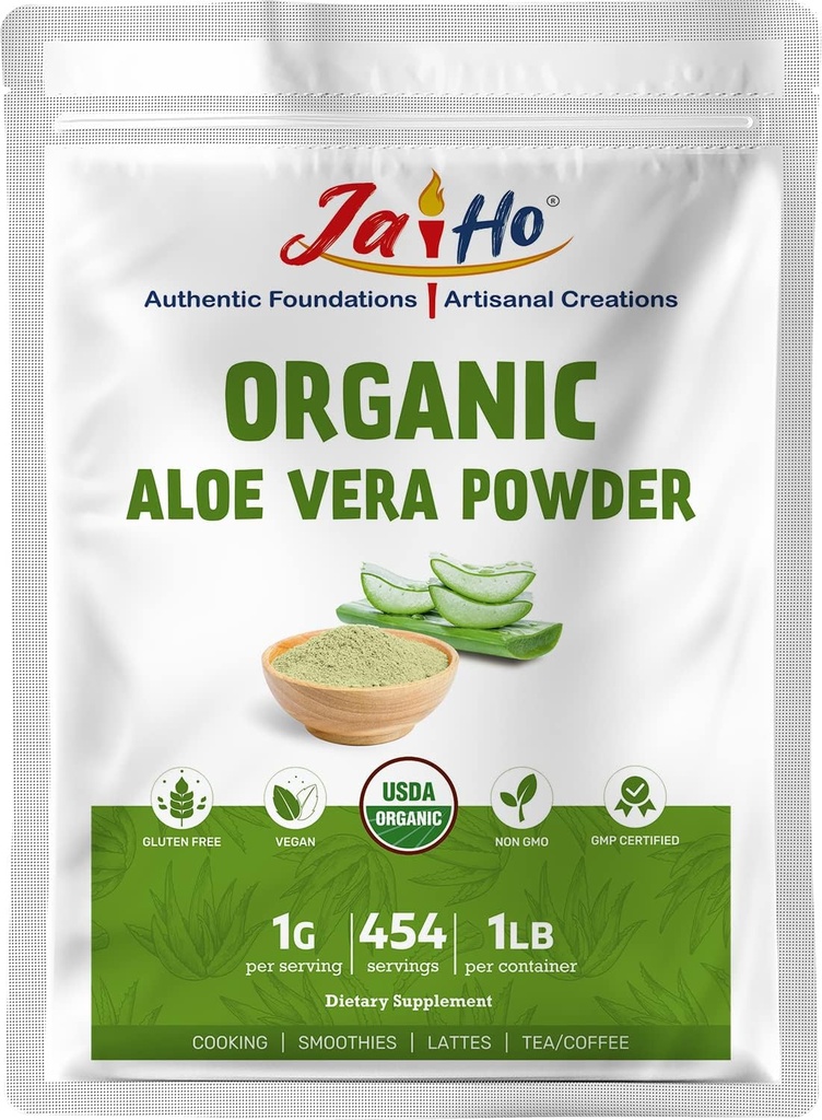 Jai Ho Certifié Aloe Vera biologique en poudre – 1 LB – Sans gluten, végétalien, non-OGM – Poche à fermeture éclair refermable