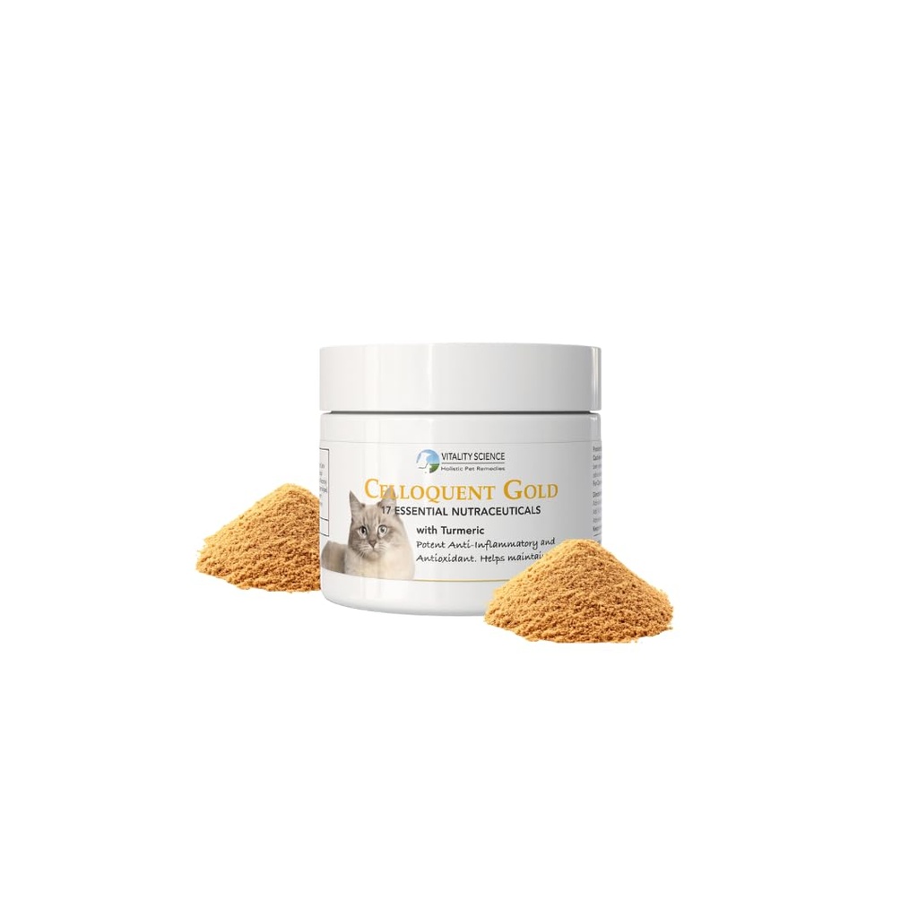 Vitalité Science Celloquent Or pour les chats , Holistic Advanced Immune Support Supplément , 17 ingrédients synergique , Auto Immune , Vomissement et Diarrhée , Dépression (120g)