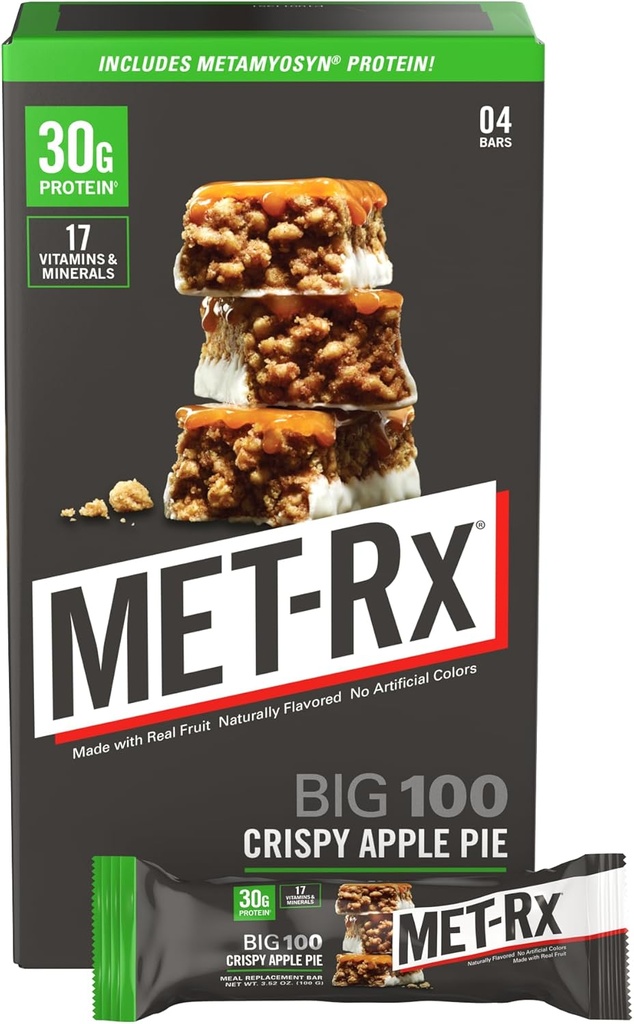 MET-Rx Big 100 barre di proteina di Colossal, barre di ricambio del melo della torta di mele, 4 conte