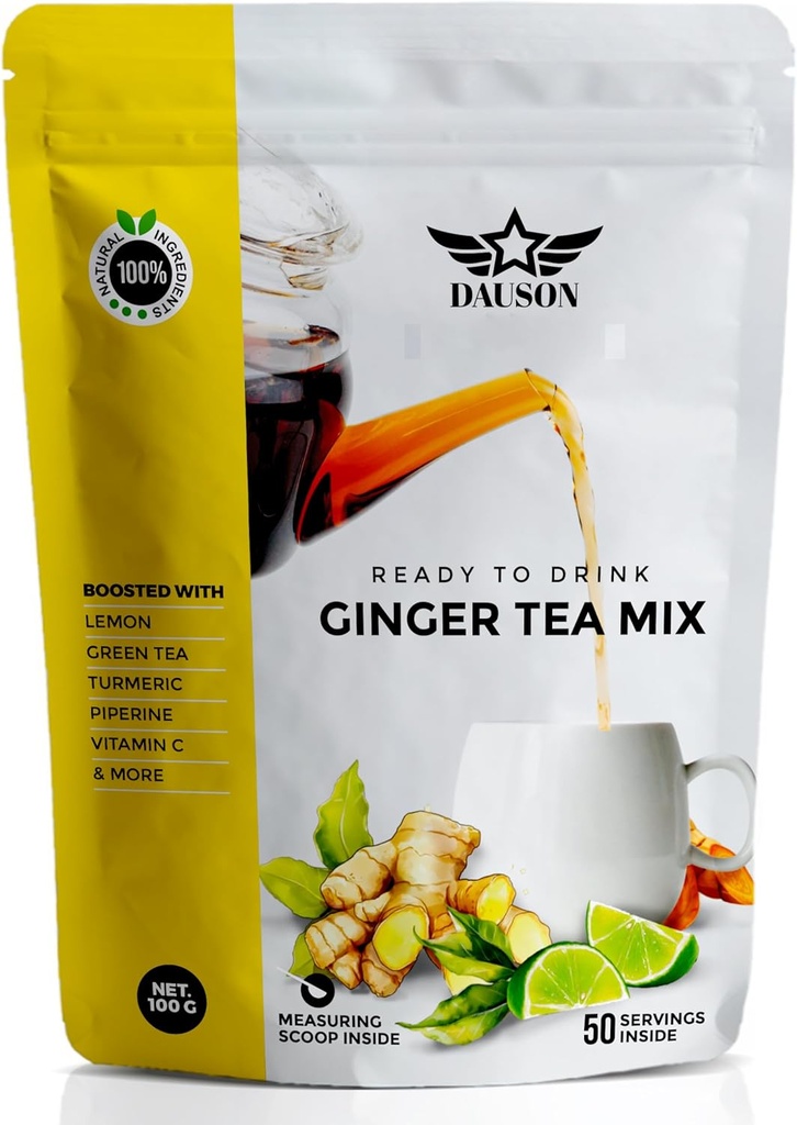 Poudre de thé à base de citron de gingembre – Mélange rafraîchissant avec réglisse, curcuma, thé vert décaféiné, vitamine C – sans caféine, végétalien, thé détoxisé ami de gingembre – 50 portions