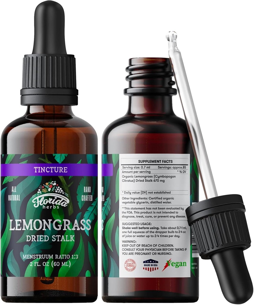 Lemongrass Tincture, Organic Lemongrass Extract (Cymbopogon Citratus) Kräuterergänzung, Non-GMO in kaltgepresstem Organische Gemüse Glycerin, 700 mg, 2 Unzen (60 ml)