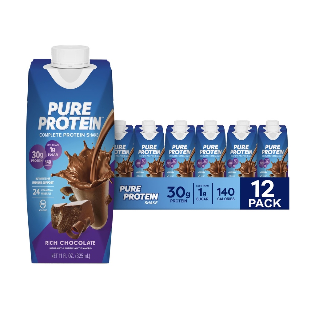 Pure Protein Chocolate Protein Shake, 30g Complete Protein, Ready to Drink und Keto-Friendly, Vitamine A, C, D und E plus Zink zur Unterstützung Immungesundheit, 11oz Flaschen, 12 Pack