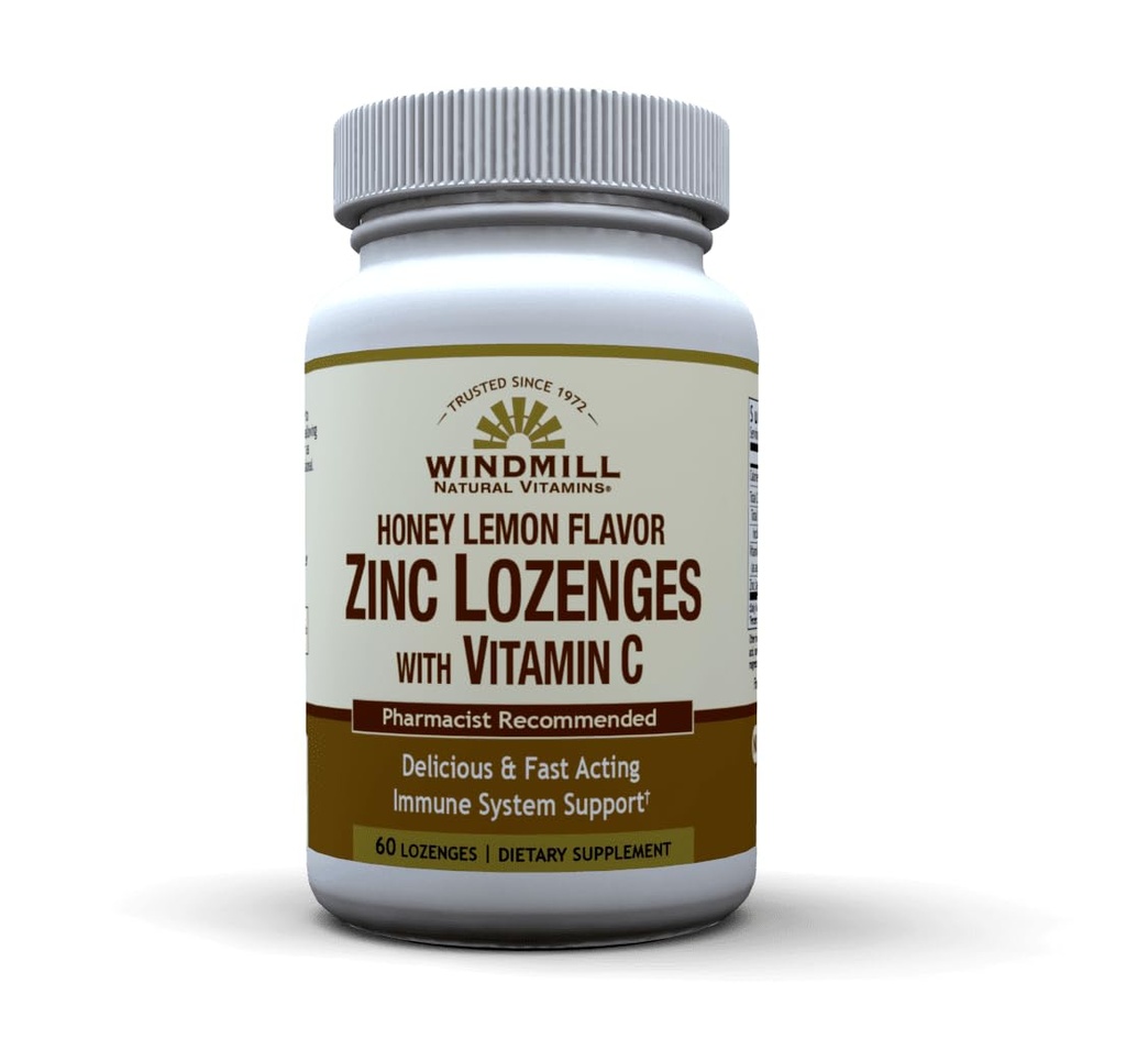 Windmill Health Products Natürliche Vitamine Zink Lozenges mit Vitamin C Honey Lemon Flavor, Immunsystem-Unterstützung, bietet Antioxidans Unterstützung, Delicious & Fast Acting, 60 Lozenges, 60 Servietten.