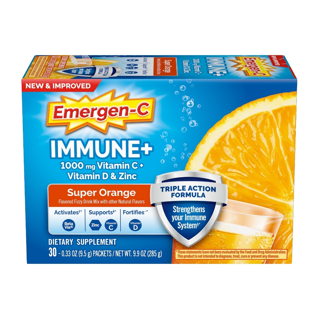 Emergen-C Immune+ Tripla Azione Sostegno Immune Polvere, BetaVia (R), 1000mg Vitamina C, B Vitamine, Vitamina D e Antiossidanti, Super Arancione, Torna alla Scuola Essenziale – 30 Conte
