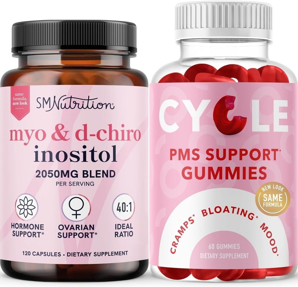 SMNutrition PMS Support Gummies & Myo-Inositol & D-Chiro Inositol | Bundle di bilanciamento dell'ormone con 40:1 Ratio Integratore Inositolo (30 Serve) e Gummie di supporto del ciclo di erbe per le donne (30 Serve)