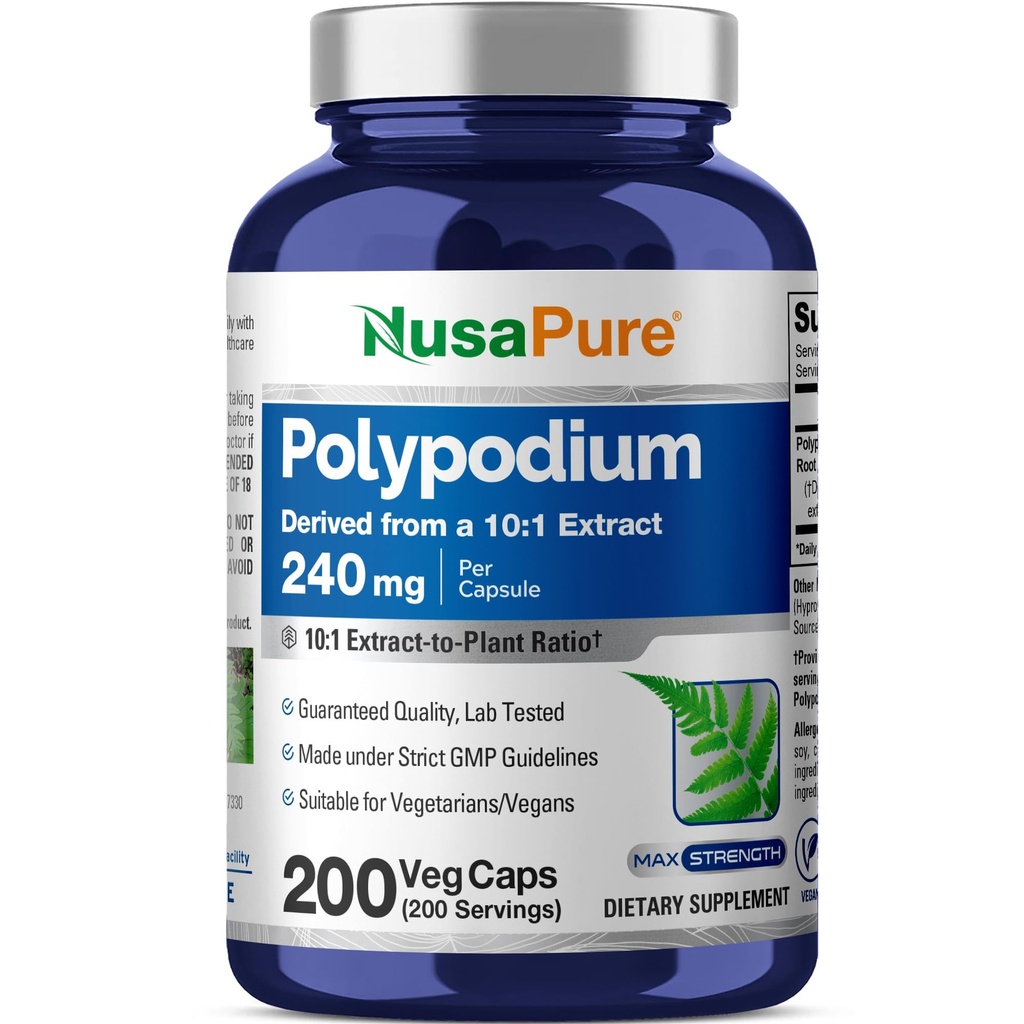 NusaPure Polypodium Leucotomos 10:1 Extrakt, 240 mg Äquivalent zu 2400mg 200 Veggie Kapseln (Vegetarisch, Non-GMO, Vegan)