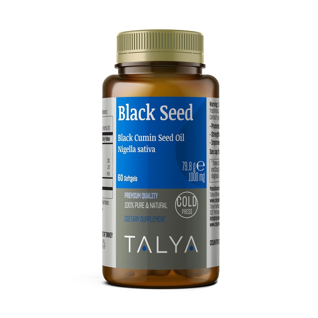 TALYA Black Seed Oil Softgel mit High Thymoquinone - Immununterstützung - Verdauungs-Gesundheit - Gehirn-Funktion - Gelenke Mobilität - Kalt-gepresst von Non-GMO Türkischen Black Cumin Nigella Sativa Seeds